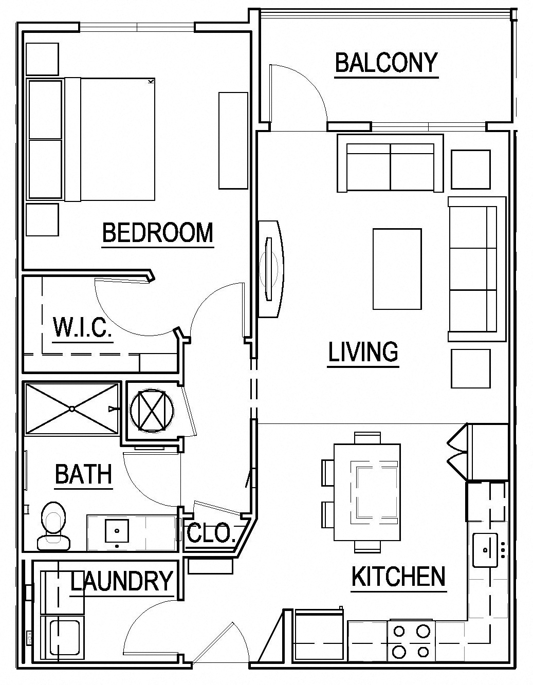 Floor plan for 1 bed, 1 bath, 881 sqft